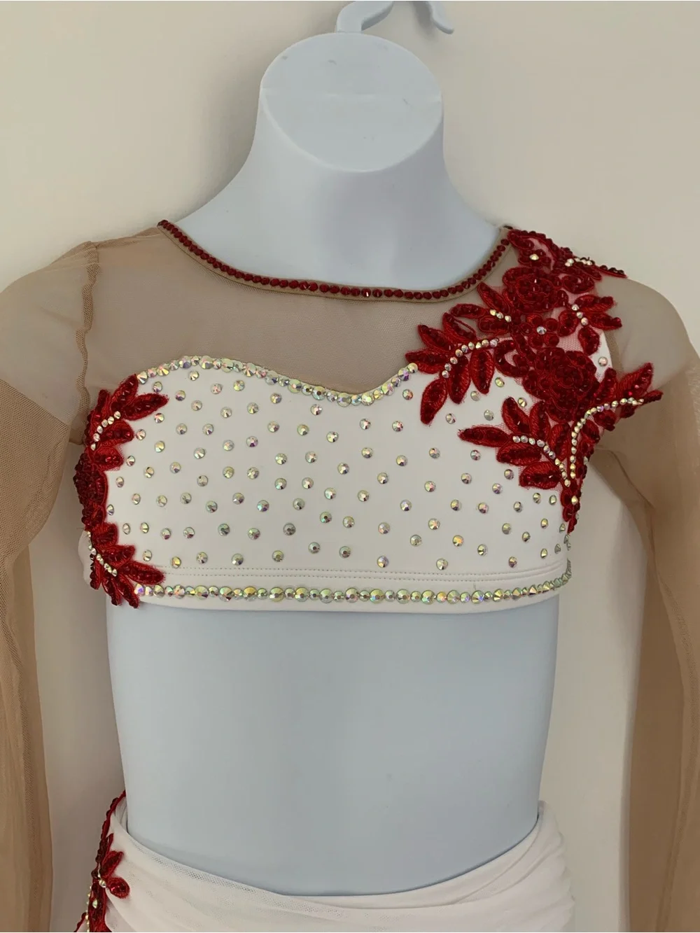 Child's Rhinestone Dance Costume White & Red Lyrical Contemporary Outfit, Size 8